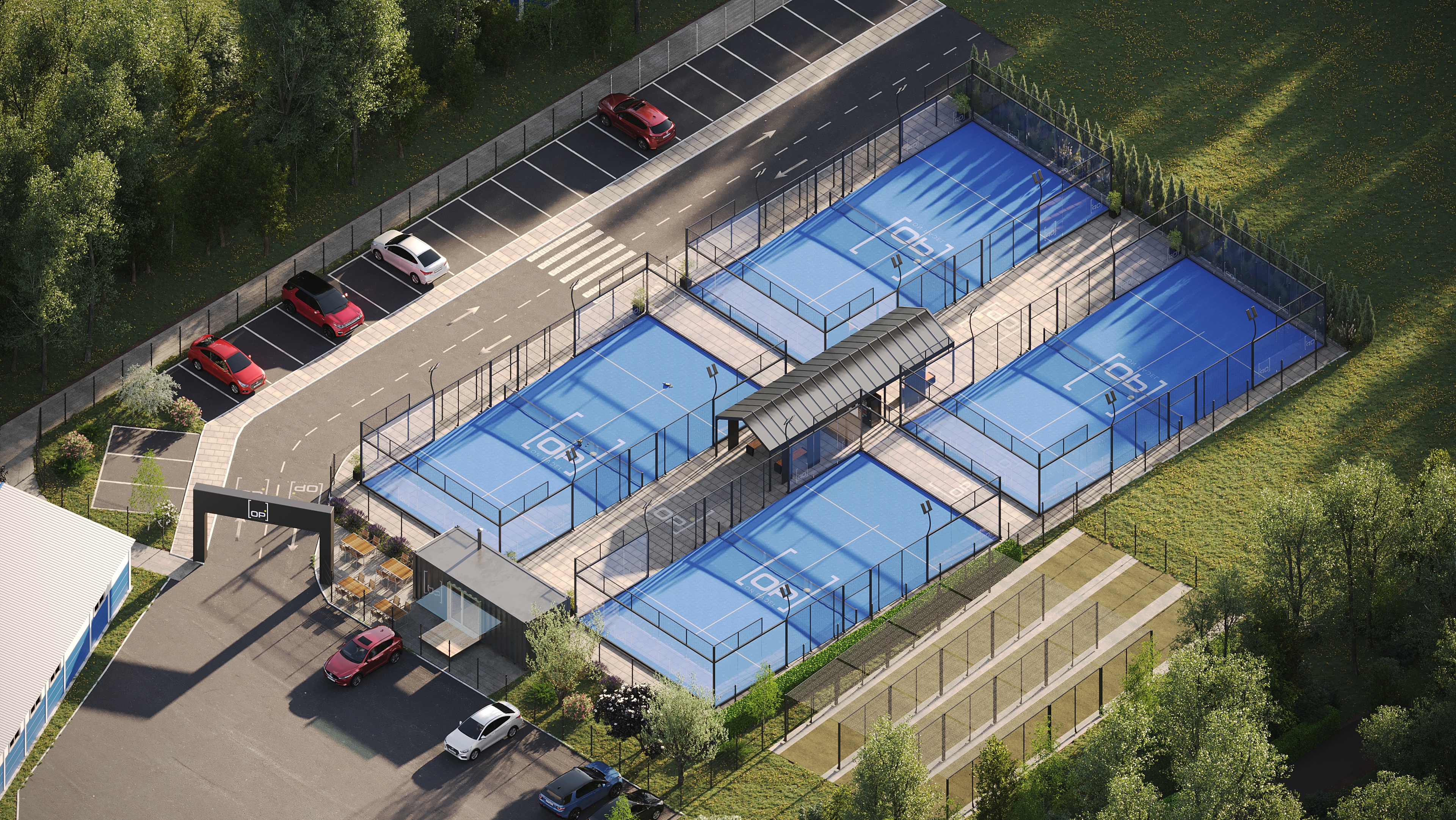 Aerial view of On Padel 4-court padel installation with outdoor courts